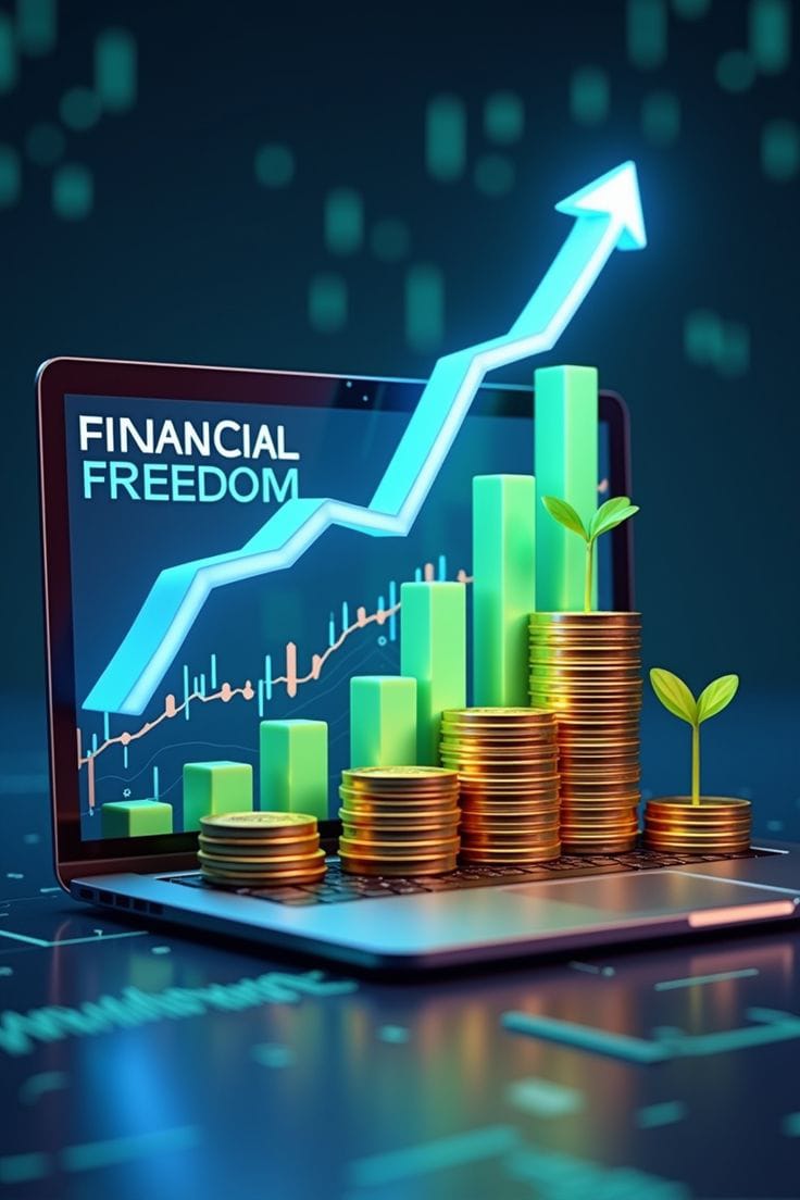 Financial freedom growth chart with rising coins