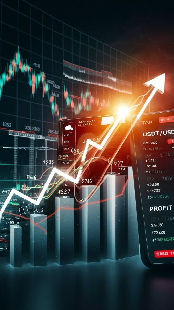 Trading dashboard showing rising profit chart