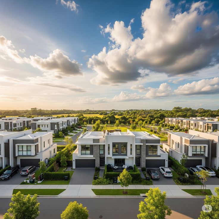 Aerial view of a completed ElCastle residential estate at sunset
