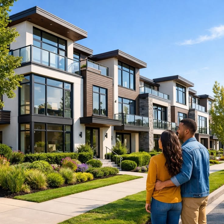 A couple admiring a row of modern ElCastle townhomes